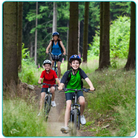 Three people biking on a forest trail, wearing helmets and colorful shirts.