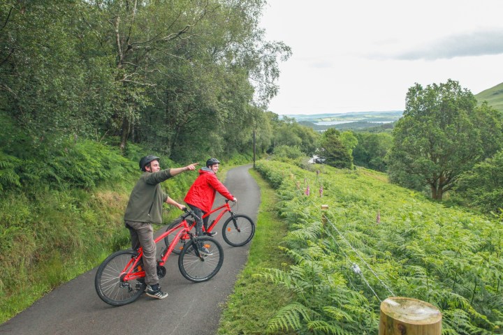 Two cyclists on a rural path, one pointing, surrounded by lush greenery.
