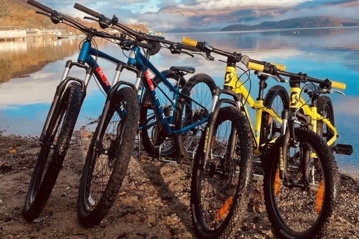 Five mountain bikes parked on a sandy shore by a calm lake under a blue sky.